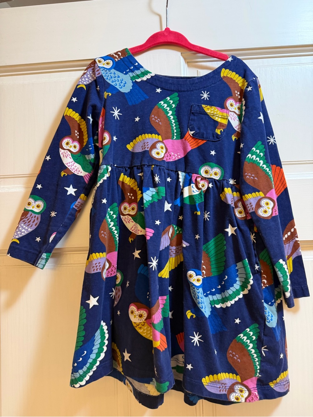 Mini Boden Navy Owl Print Long Sleeve Dress with Multicolor Wings